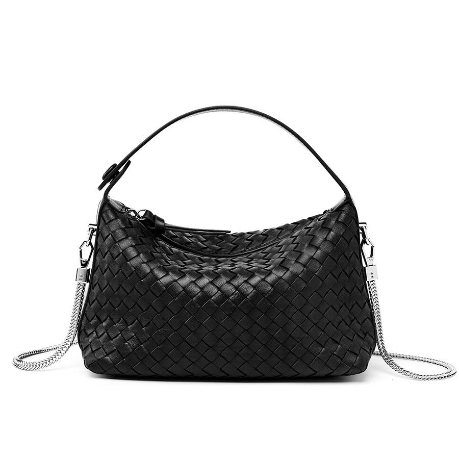Women's Genuine Sheepskin Leather Woven Dumpling Clutch Bag with Chain Strap