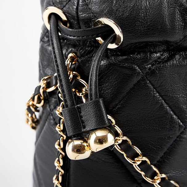 Women's Genuine Leather Bucket Bag with Chain Strap and Drawstring Closure