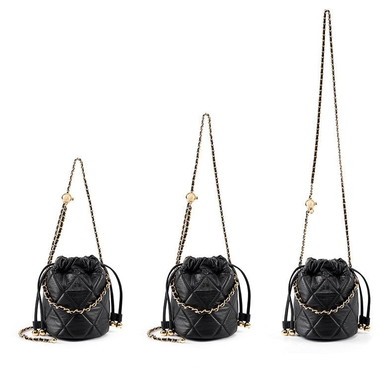 Women's Genuine Leather Bucket Bag with Chain Strap and Drawstring Closure