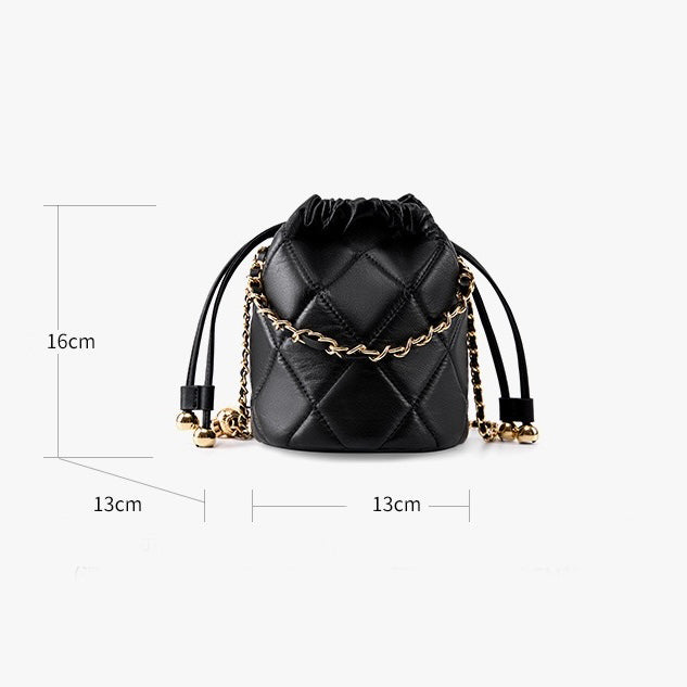 Women's Genuine Leather Bucket Bag with Chain Strap and Drawstring Closure