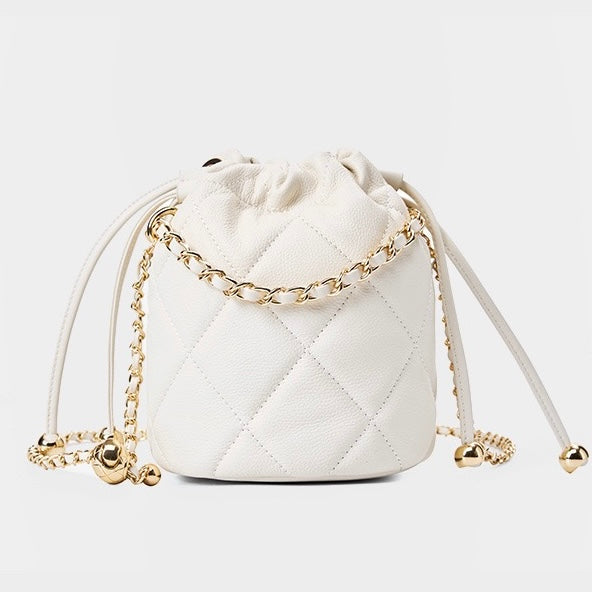 Women's Genuine Leather Bucket Bag with Chain Strap and Drawstring Closure