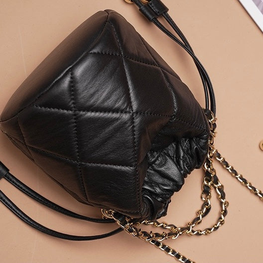 Women's Genuine Leather Bucket Bag with Chain Strap and Drawstring Closure