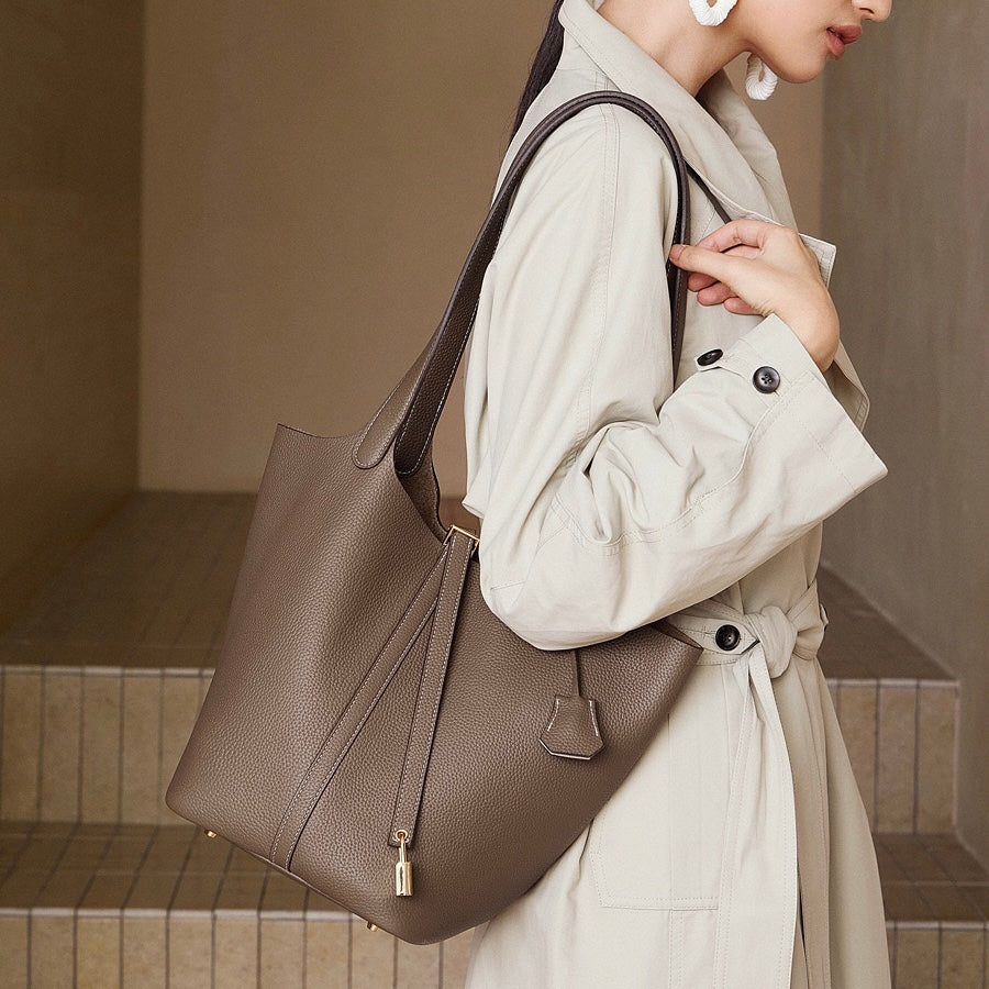 Women's Genuine Leather Textured Bucket Tote Bag with Gold Buckle