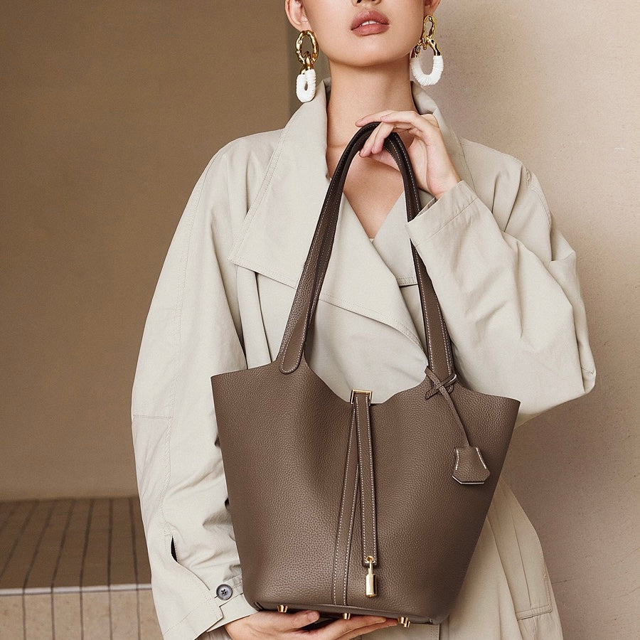 Women's Genuine Leather Textured Bucket Tote Bag with Gold Buckle