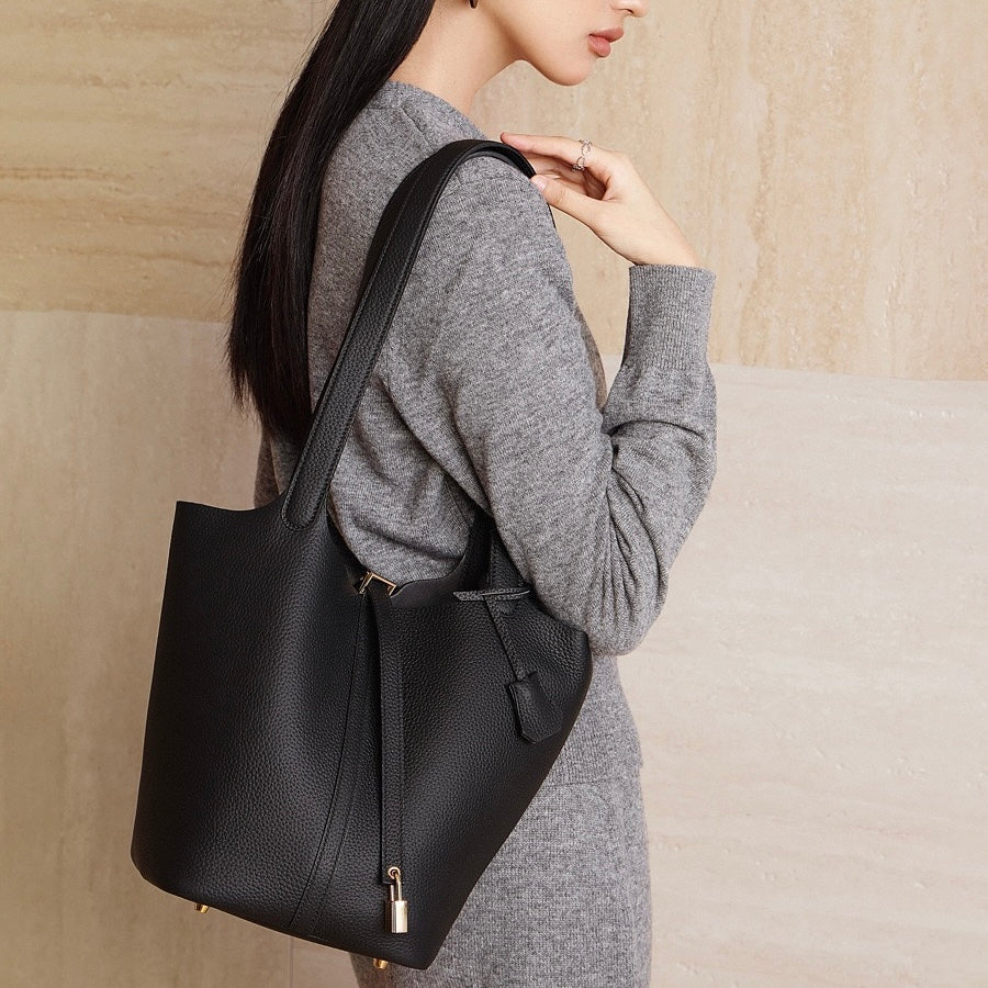 Women's Genuine Leather Textured Bucket Tote Bag with Gold Buckle