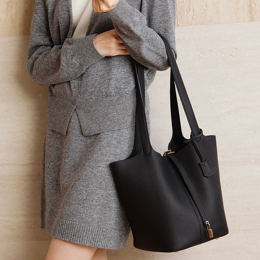 Women's Genuine Leather Textured Bucket Tote Bag with Gold Buckle