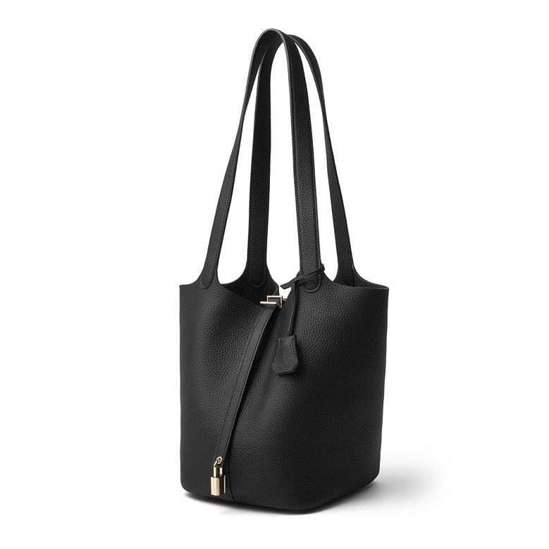Women's Genuine Leather Textured Bucket Tote Bag with Gold Buckle