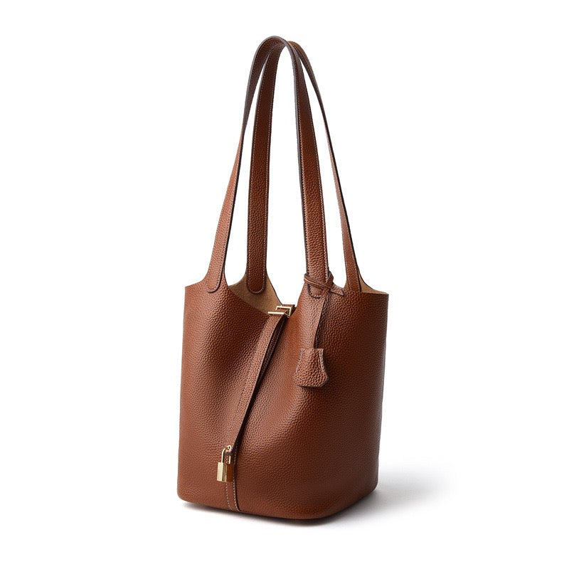 Women's Genuine Leather Textured Bucket Tote Bag with Gold Buckle