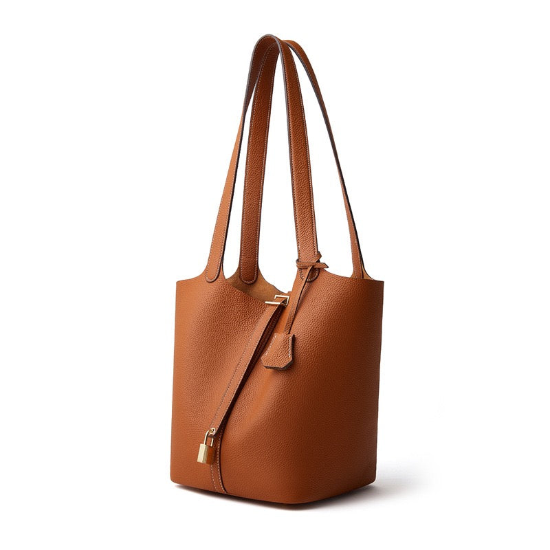 Women's Genuine Leather Textured Bucket Tote Bag with Gold Buckle