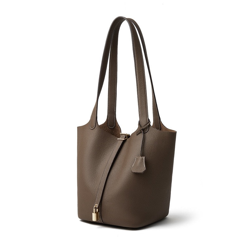 Women's Genuine Leather Textured Bucket Tote Bag with Gold Buckle