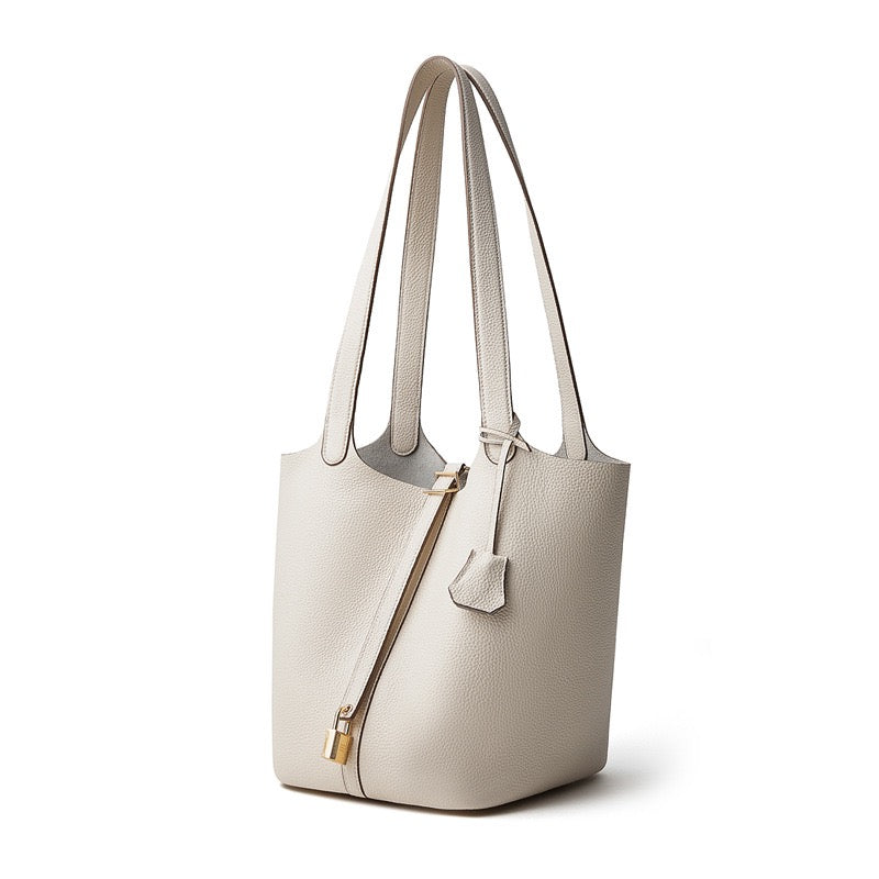 Women's Genuine Leather Textured Bucket Tote Bag with Gold Buckle