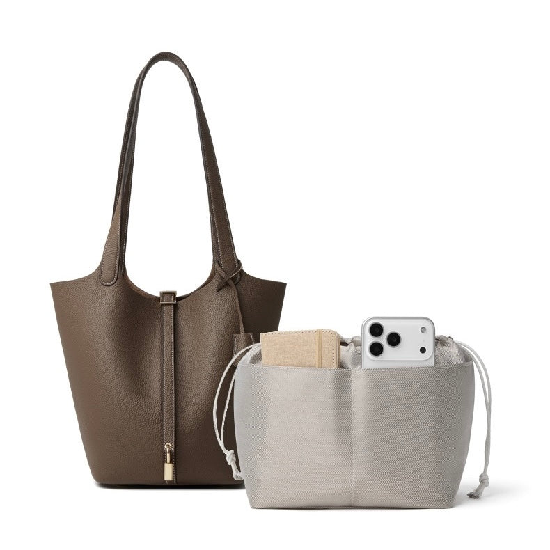Women's Genuine Leather Textured Bucket Tote Bag with Gold Buckle
