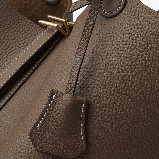 Women's Genuine Leather Textured Bucket Tote Bag with Gold Buckle