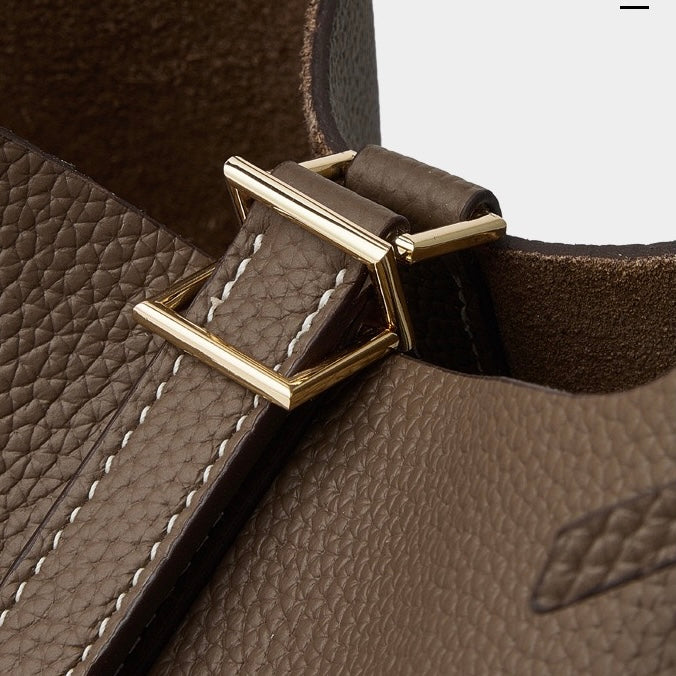 Women's Genuine Leather Textured Bucket Tote Bag with Gold Buckle