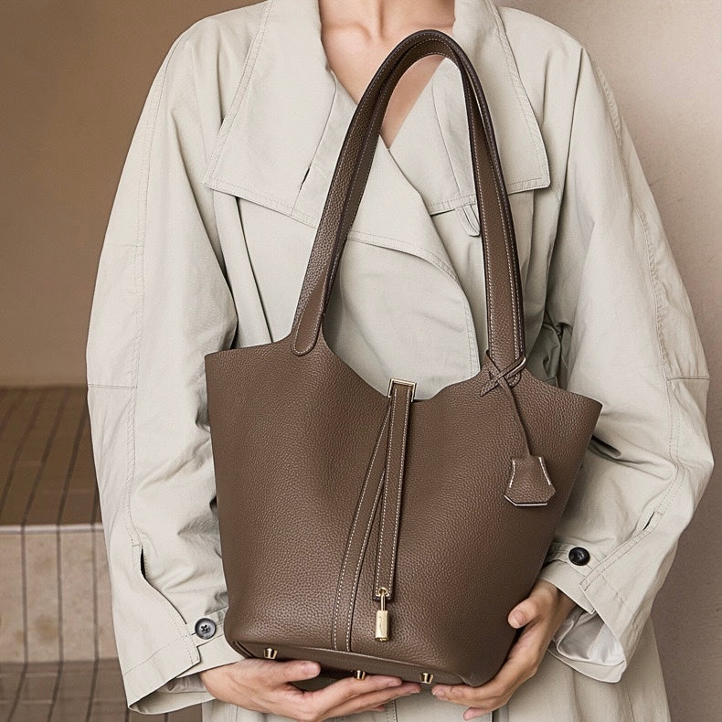 Women's Genuine Leather Textured Bucket Tote Bag with Gold Buckle