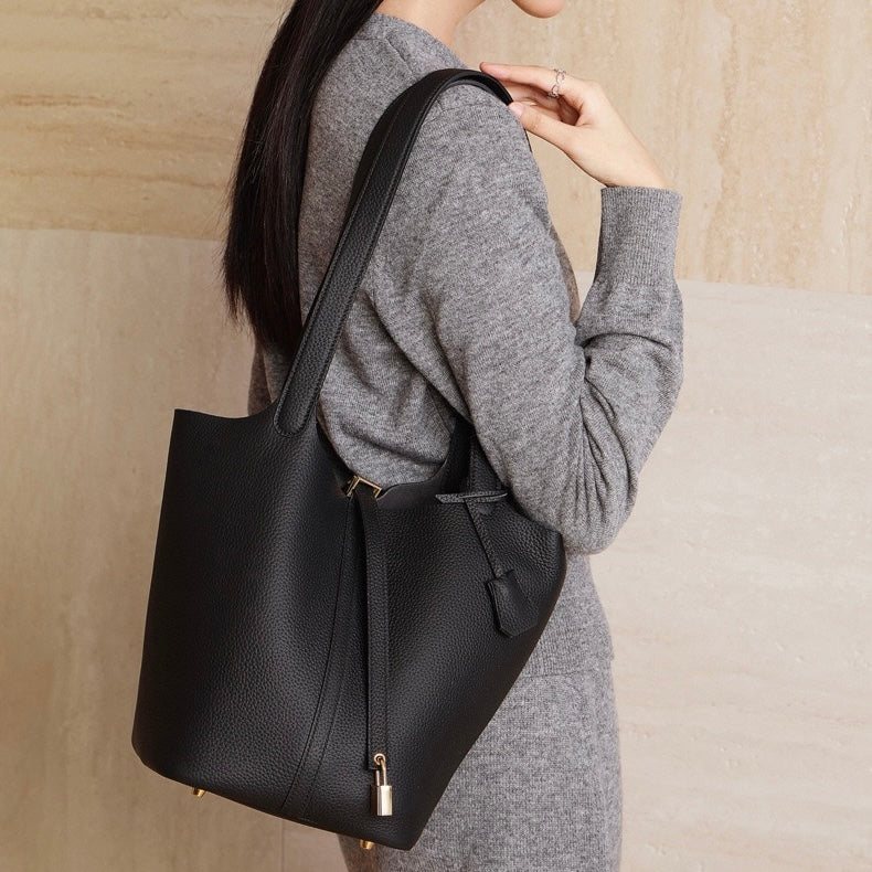 Women's Genuine Leather Textured Bucket Tote Bag with Gold Buckle