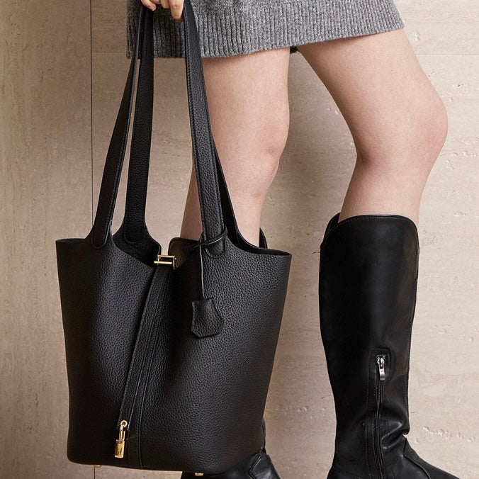 Women's Genuine Leather Textured Bucket Tote Bag with Gold Buckle