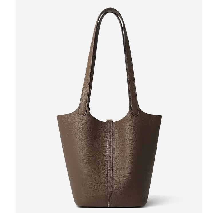 Women's Genuine Leather Textured Bucket Tote Bag with Gold Buckle