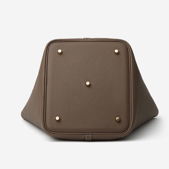 Women's Genuine Leather Textured Bucket Tote Bag with Gold Buckle