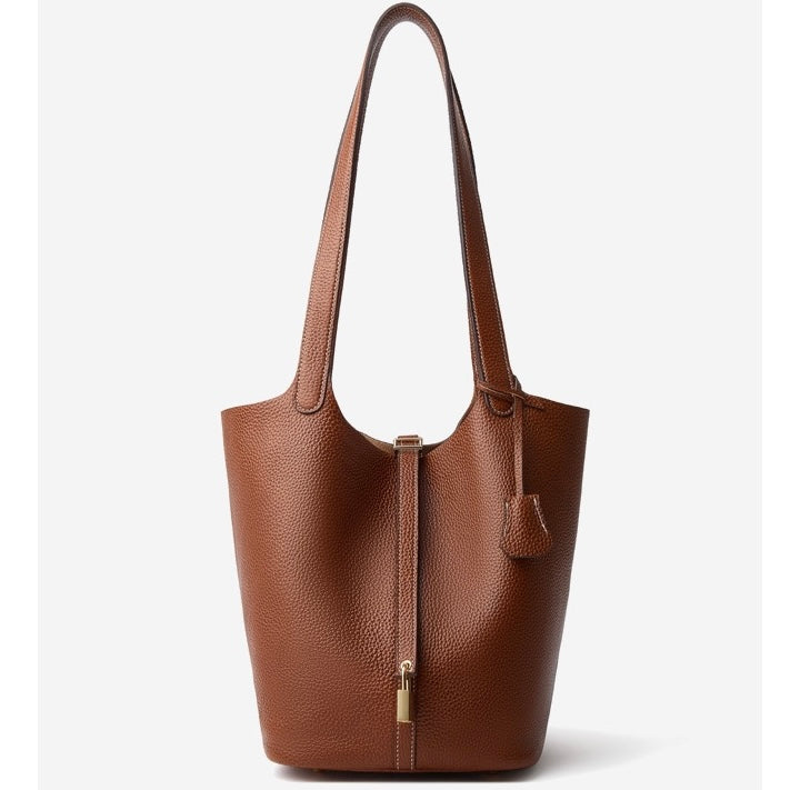 Women's Genuine Leather Textured Bucket Tote Bag with Gold Buckle