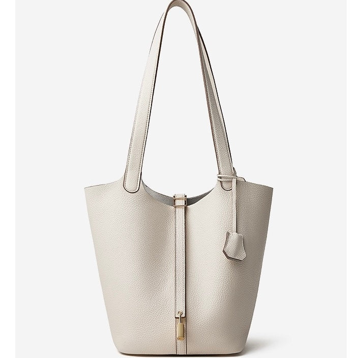 Women's Genuine Leather Textured Bucket Tote Bag with Gold Buckle