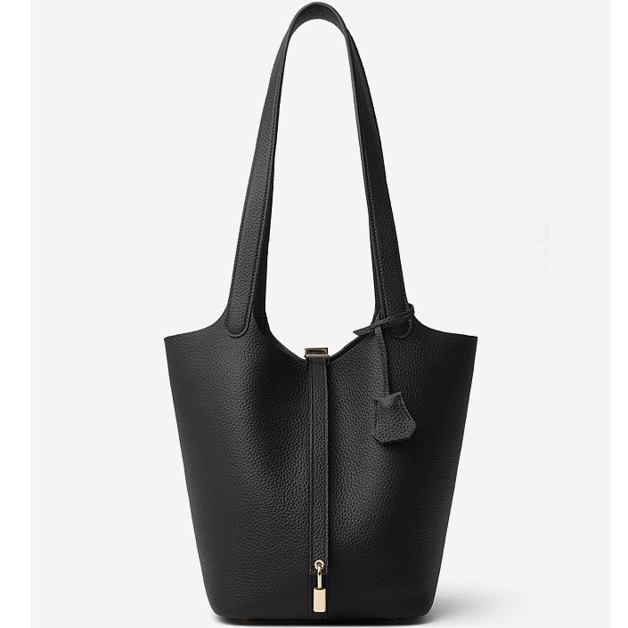 Women's Genuine Leather Textured Bucket Tote Bag with Gold Buckle