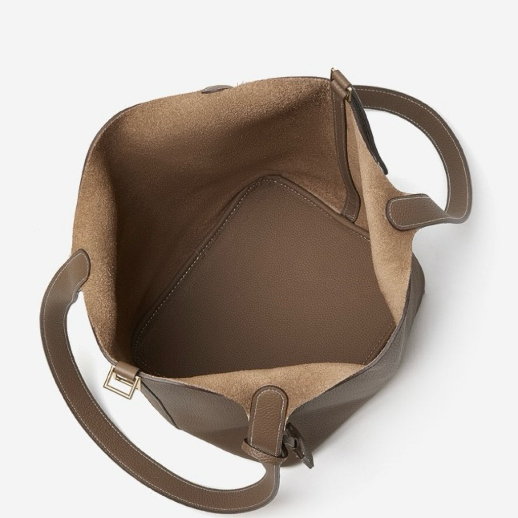 Women's Genuine Leather Textured Bucket Tote Bag with Gold Buckle