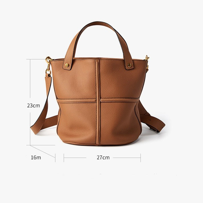 Women's Genuine Leather Large Capacity Bucket Bag with Zipper Closure