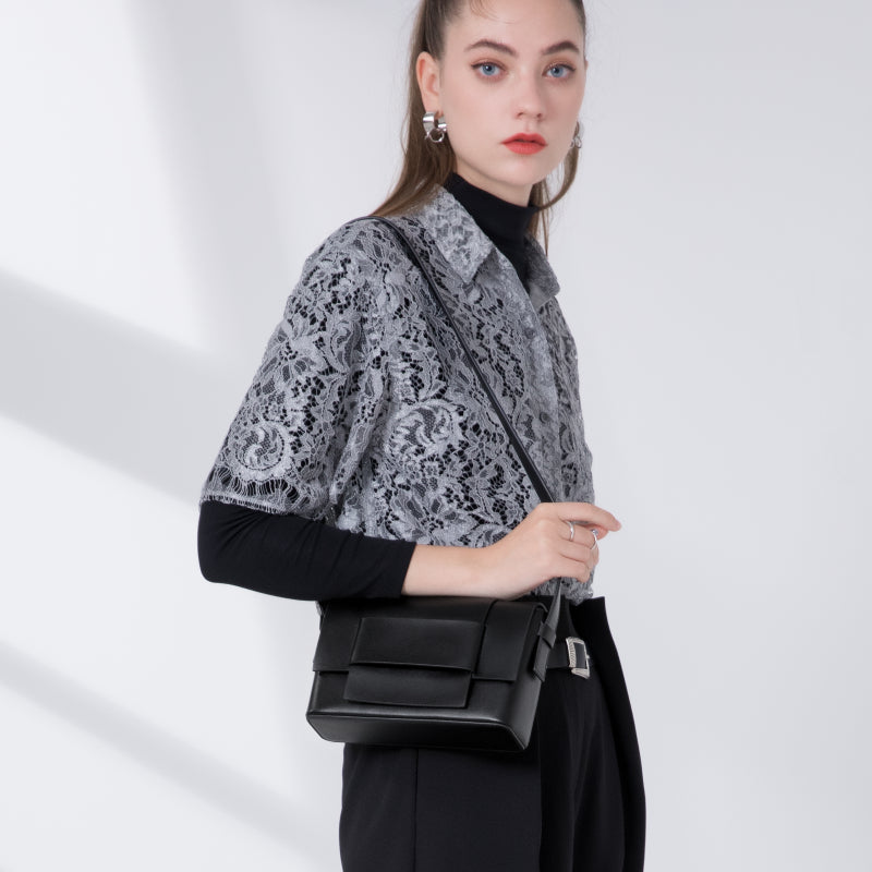 Women's Genuine Leather Woven Box Crossbody Shoulder Bag