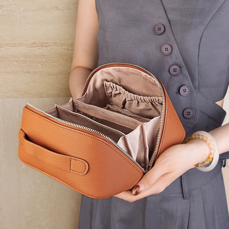 Women's Genuine Leather Textured Cosmetic Clutch Bag