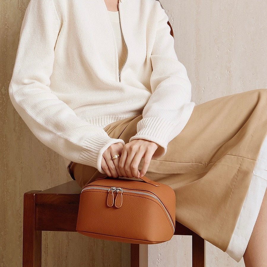 Women's Genuine Leather Textured Cosmetic Clutch Bag