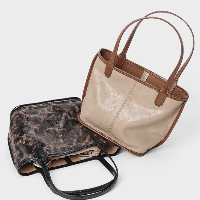 Women's Genuine Leather Vintage Basket Tote Bag with Pouch