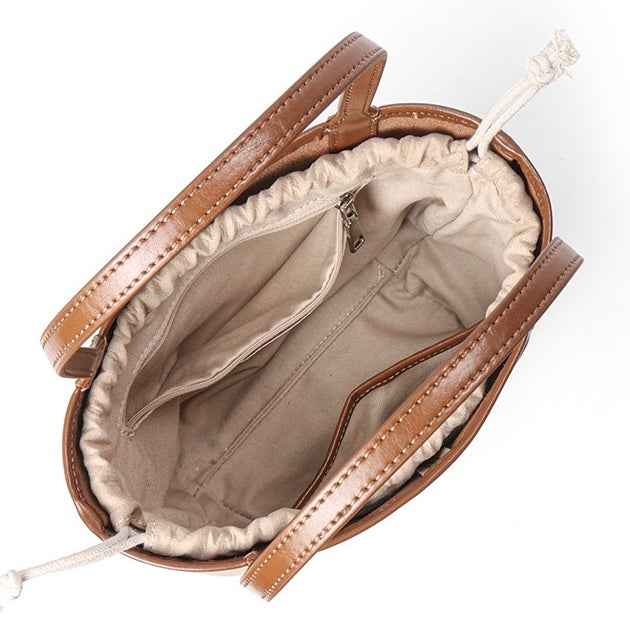 Women's Genuine Leather Vintage Basket Tote Bag with Pouch