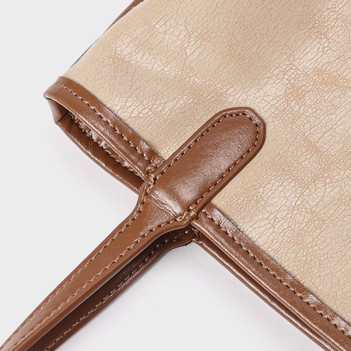 Women's Genuine Leather Vintage Basket Tote Bag with Pouch
