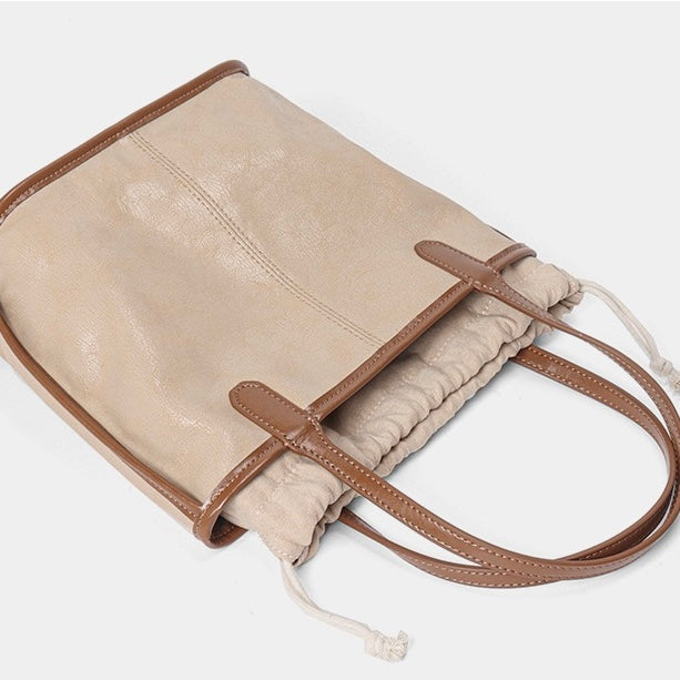 Women's Genuine Leather Vintage Basket Tote Bag with Pouch