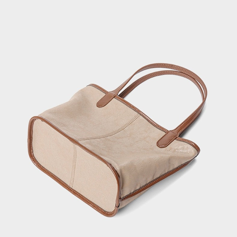 Women's Genuine Leather Vintage Basket Tote Bag with Pouch