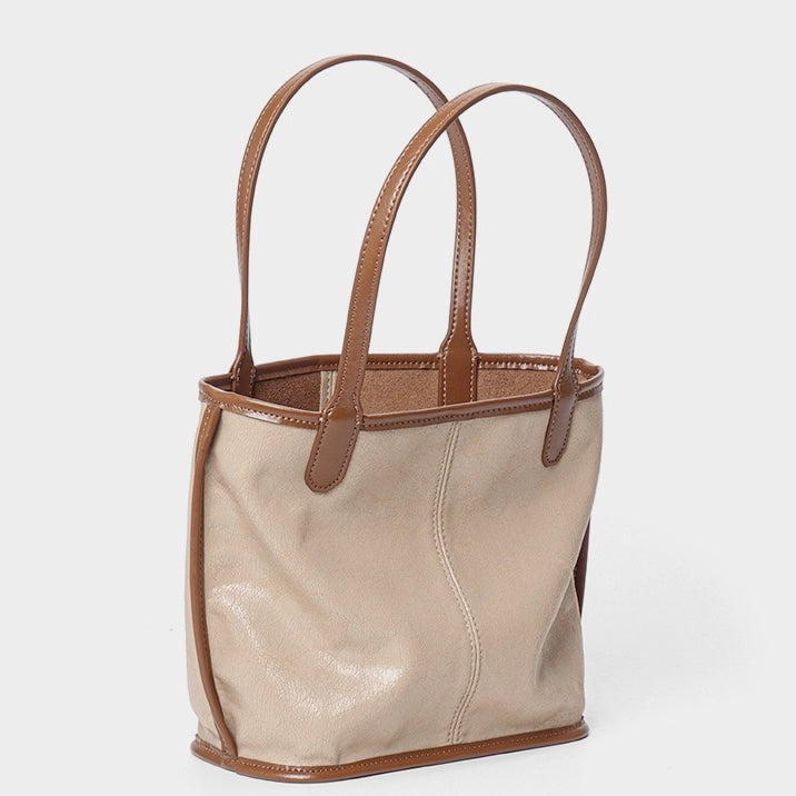 Women's Genuine Leather Vintage Basket Tote Bag with Pouch