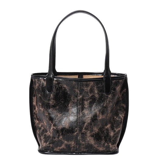 Women's Genuine Leather Vintage Basket Tote Bag with Pouch