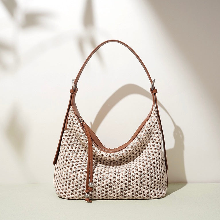 Women's Genuine Leather Woven Straw Dumpling Shoulder Bag