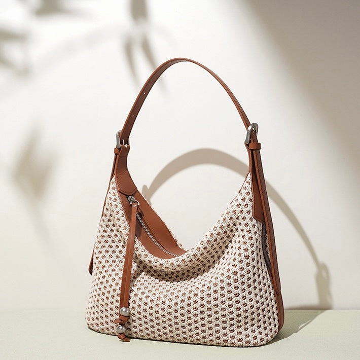 Women's Genuine Leather Woven Straw Dumpling Shoulder Bag