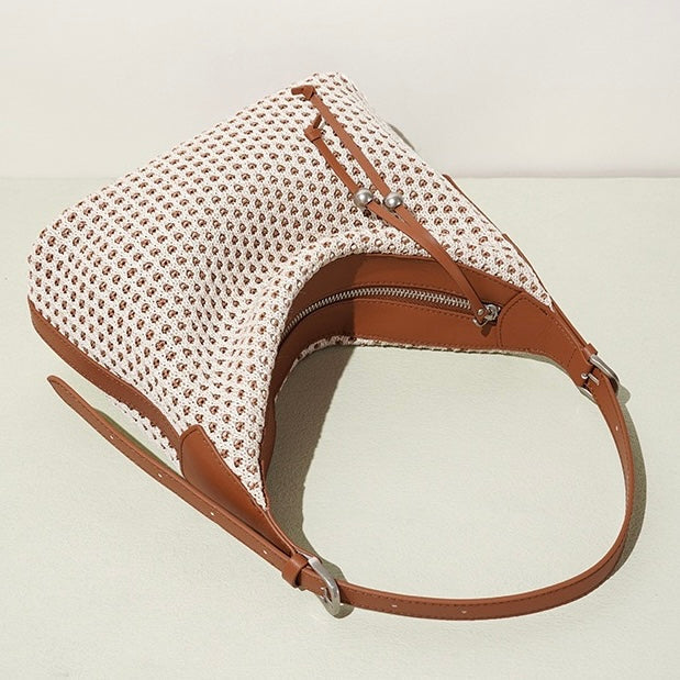 Women's Genuine Leather Woven Straw Dumpling Shoulder Bag
