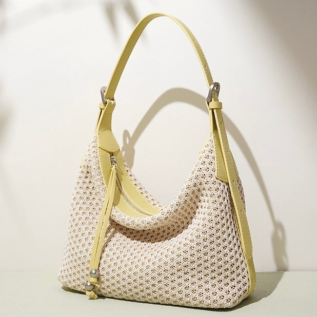 Women's Genuine Leather Woven Straw Dumpling Shoulder Bag