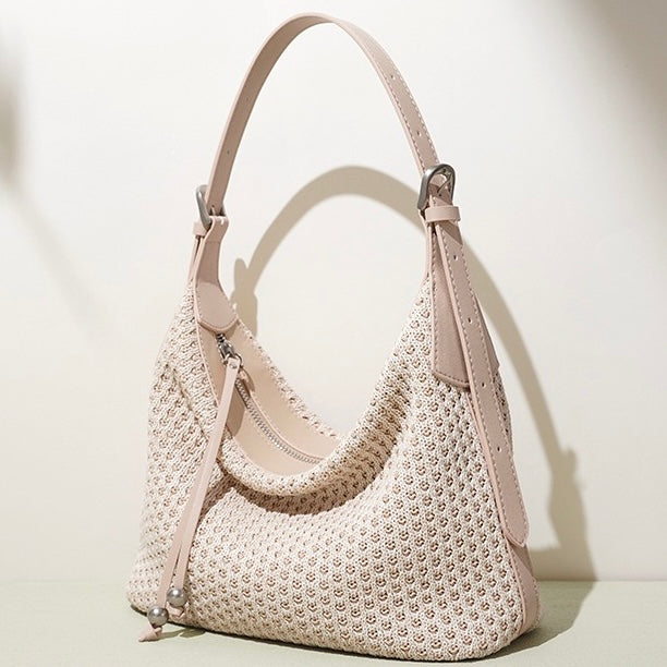 Women's Genuine Leather Woven Straw Dumpling Shoulder Bag