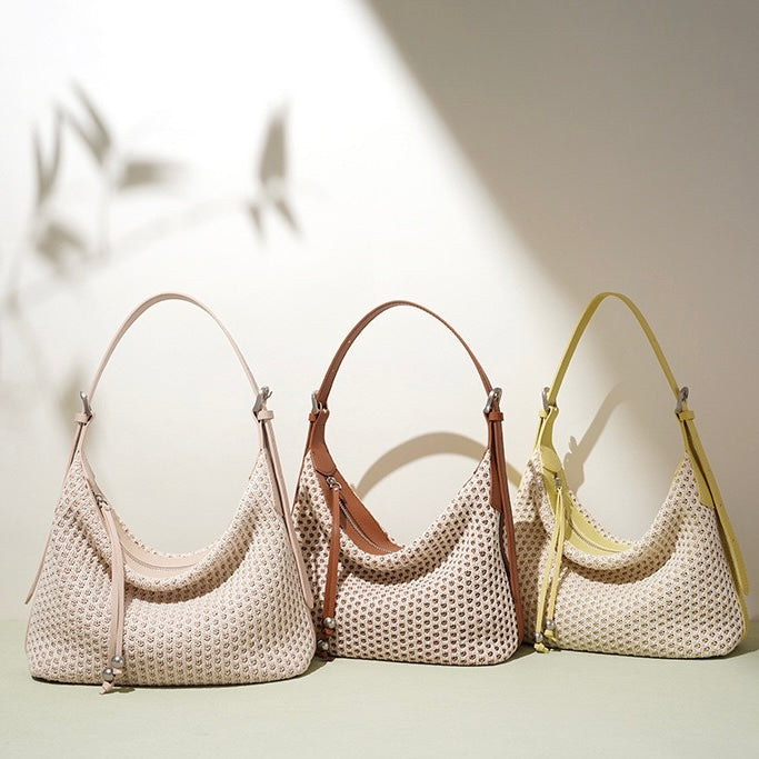 Women's Genuine Leather Woven Straw Dumpling Shoulder Bag