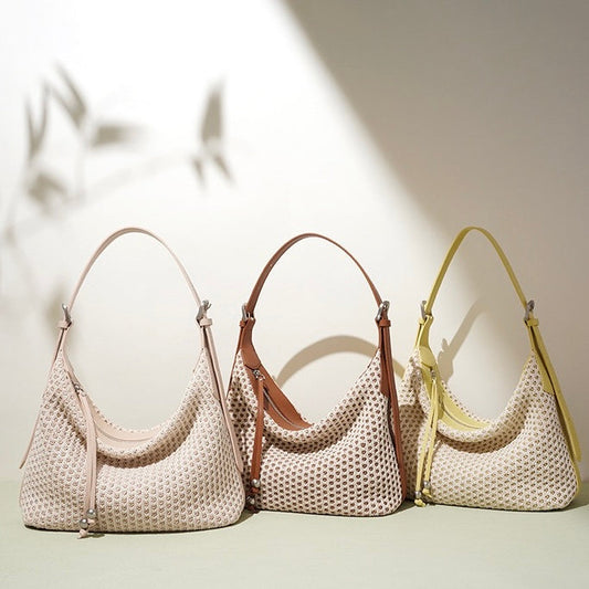Women's Genuine Leather Woven Straw Dumpling Shoulder Bag