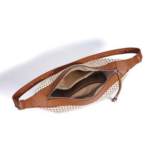 Women's Genuine Leather Woven Straw Dumpling Shoulder Bag