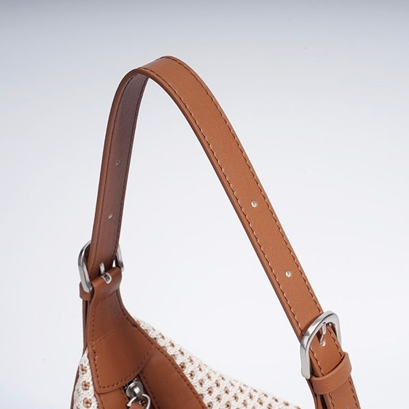 Women's Genuine Leather Woven Straw Dumpling Shoulder Bag