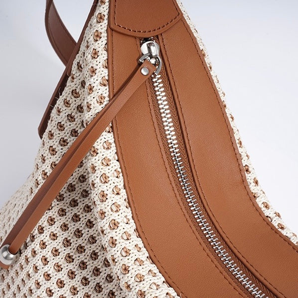 Women's Genuine Leather Woven Straw Dumpling Shoulder Bag
