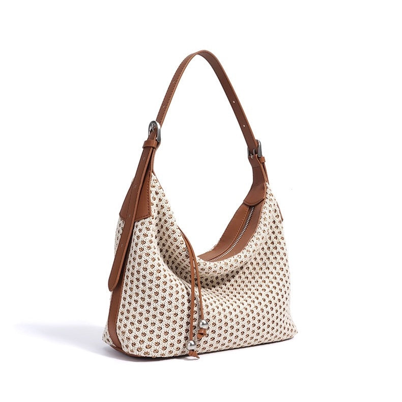 Women's Genuine Leather Woven Straw Dumpling Shoulder Bag
