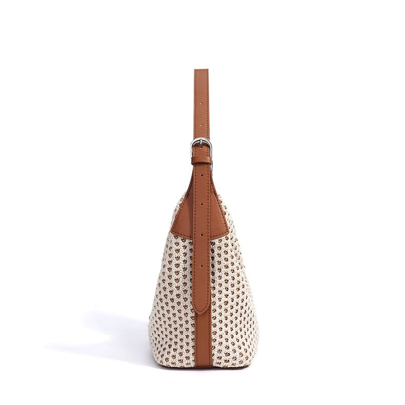 Women's Genuine Leather Woven Straw Dumpling Shoulder Bag